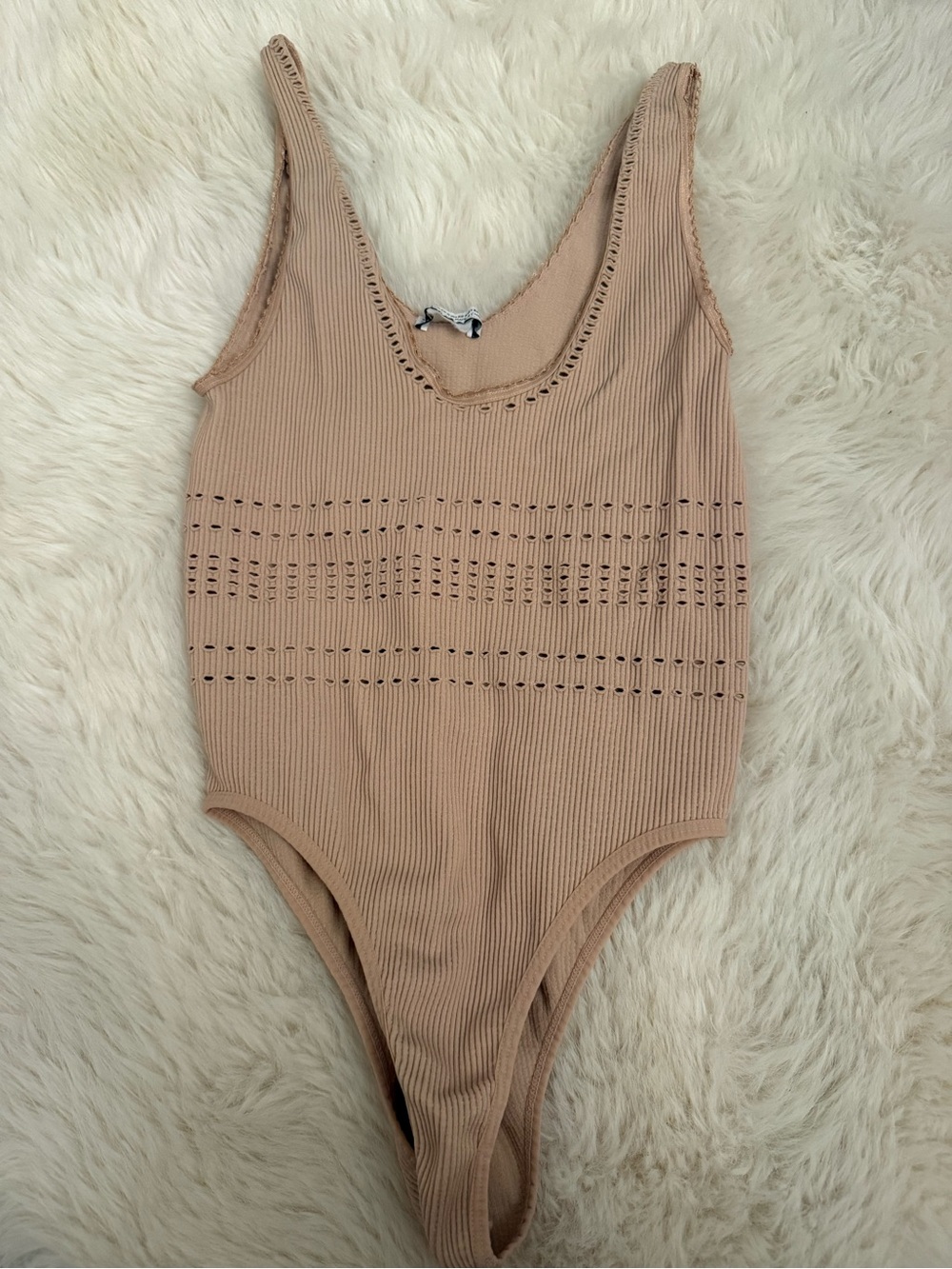 Zara Ribbed One-Piece bodysuit in cream tan